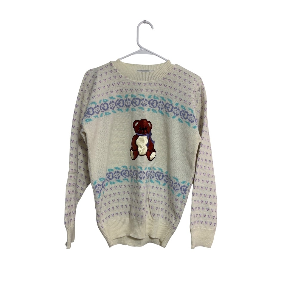 Kate Collins Sweater Vintage Teddy Bear Pastel White Knit Crewneck 90s Kidcore